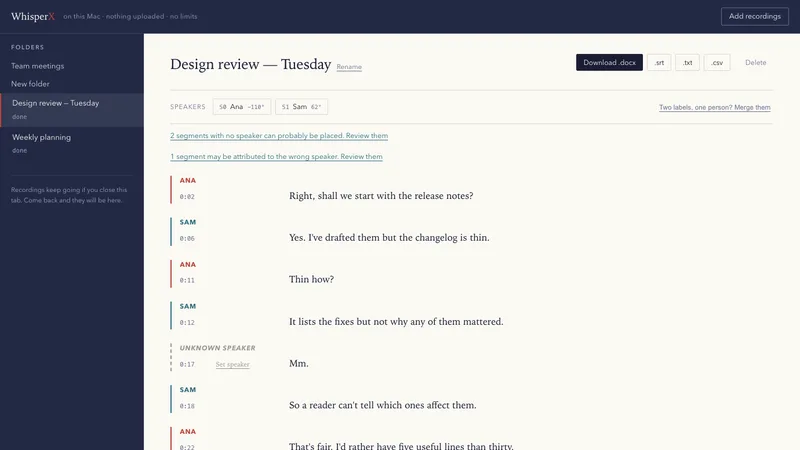 Whisper Studio: a transcript with speaker labels, the waveform above it.